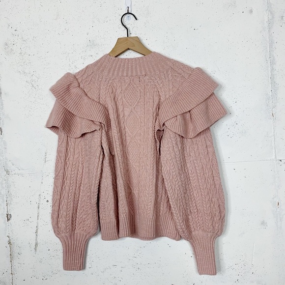Vici Blush Pink Ruffle Shoulder Chunky Knit Sweater Size Medium - Picture 7 of 9